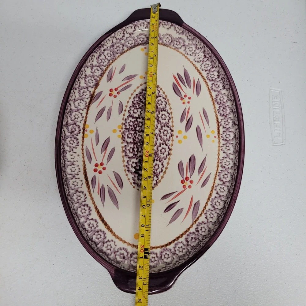 Temp-tations Old World Purple Floral Oval Serving Platter Heavy Hand Painted